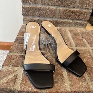 BP. Block Heel Mule Slide Clear Strap Square Toe Minimalist Black Naomi S 8 #155